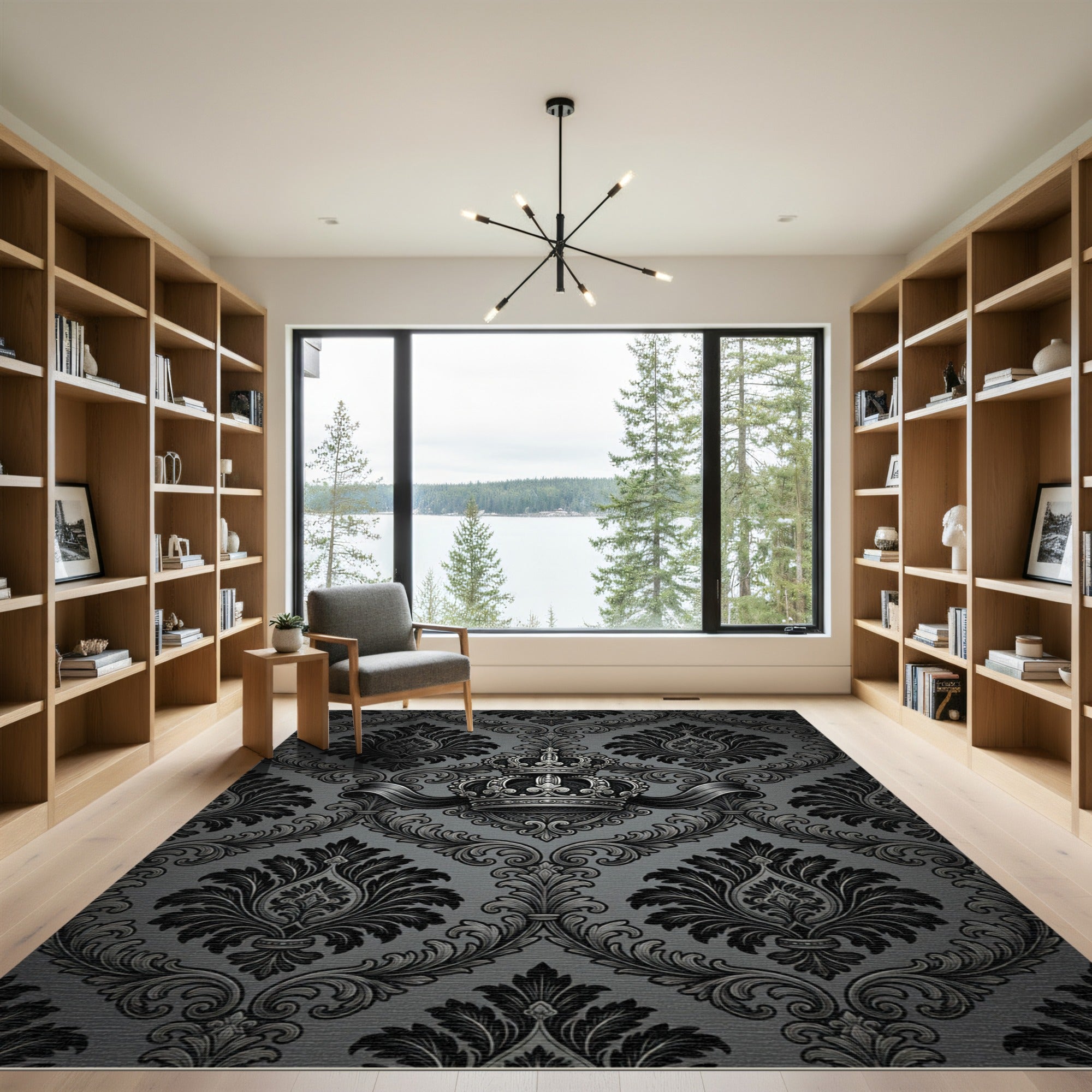 Elegant Black Crown Damask Rug