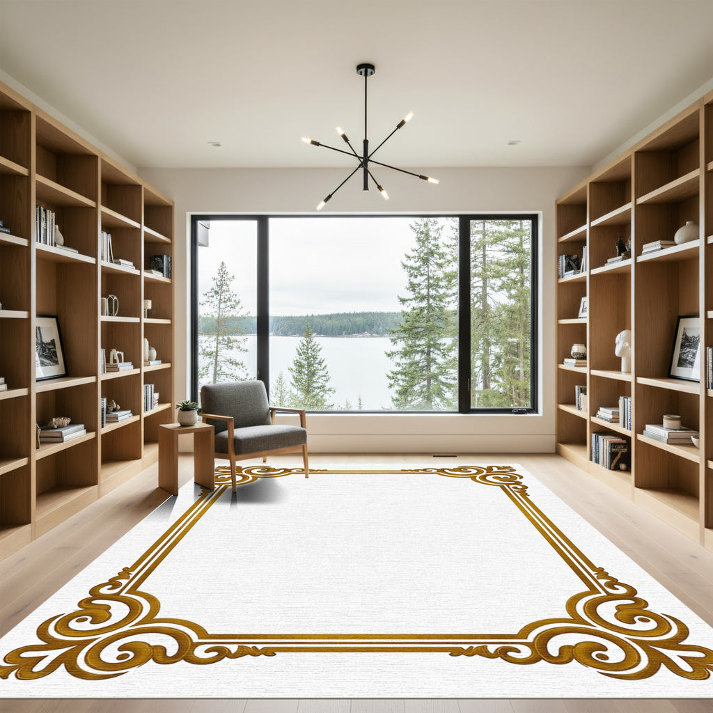 Elegant Gold Scrollwork Border Rug