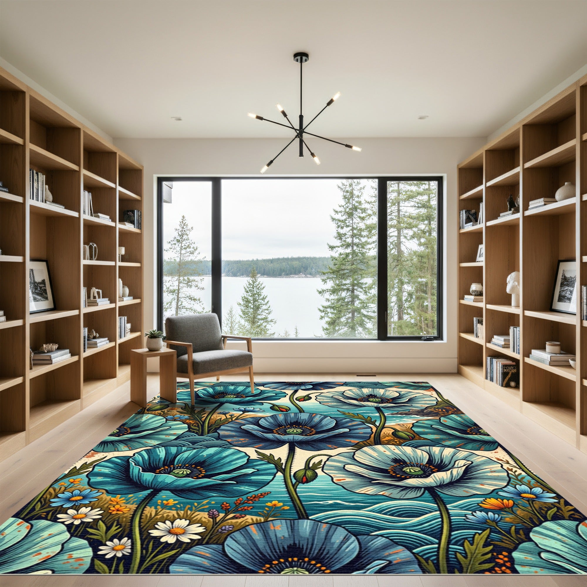 Coastal Blue Poppy Sea Wave Art Rug