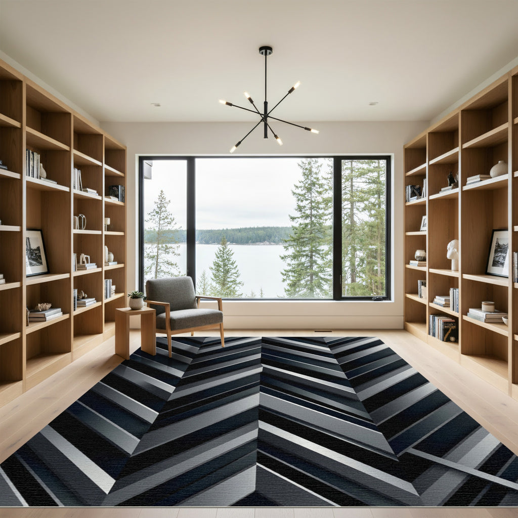 Dark Gray Tonal Chevron Stripes Rug