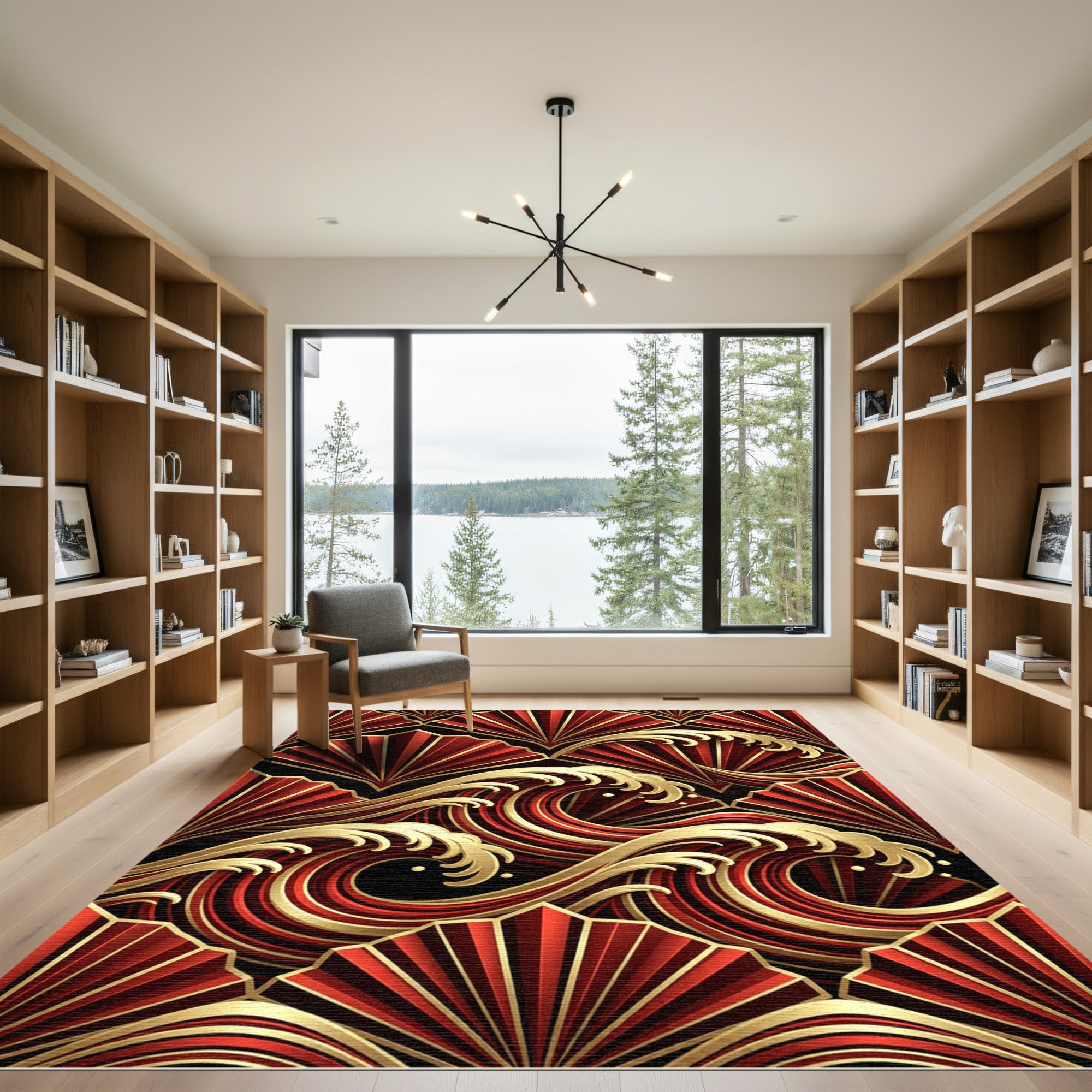 Crimson Gold Fan Wave Composition Rug