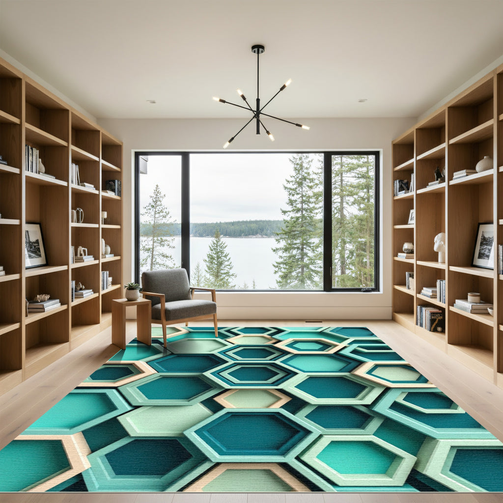 Modern Teal Geometric Hexagon Layers Rug