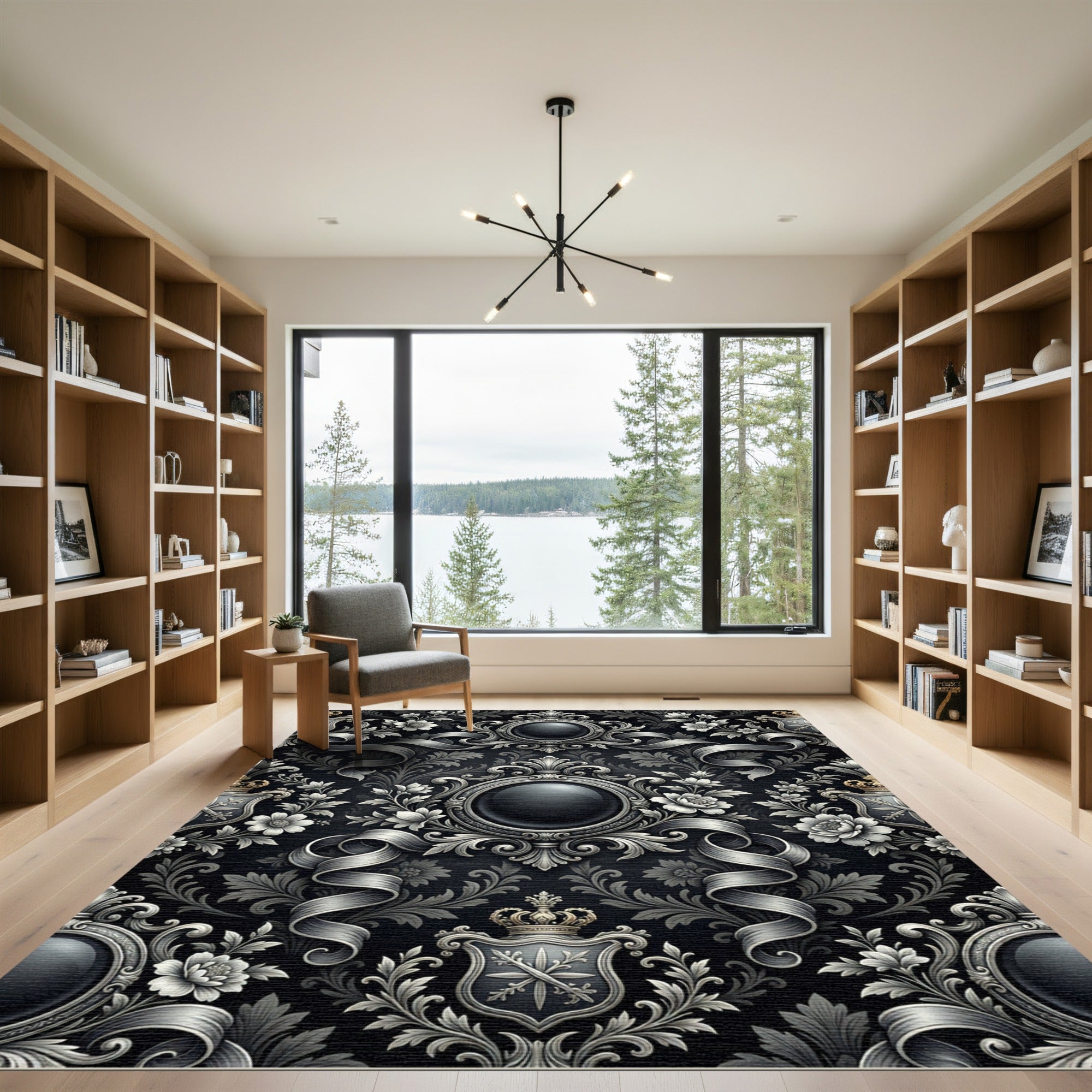 Ornate Silver Floral Emblem Rug