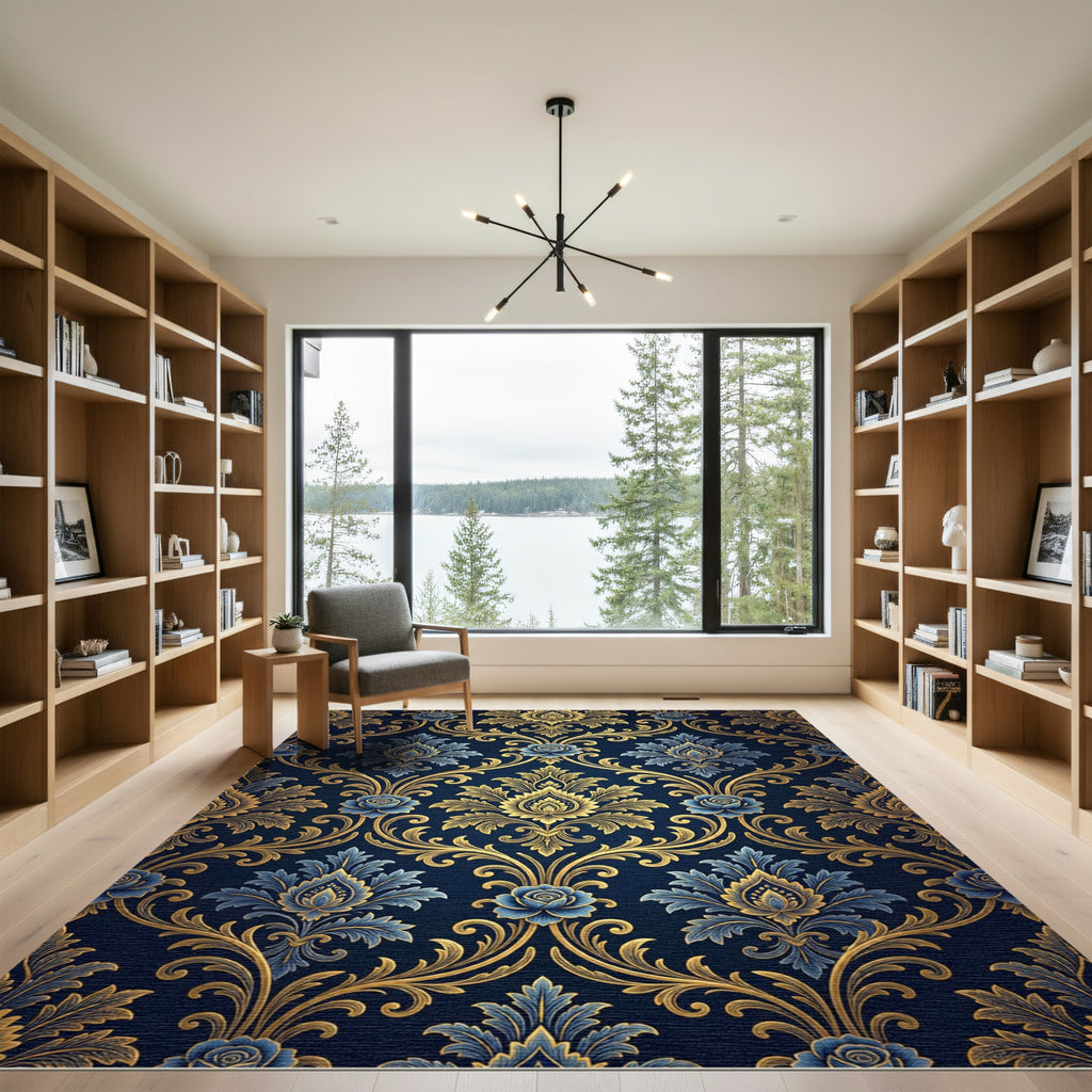 Elegant Midnight Blue Golden Damask Rug