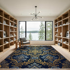Elegant Midnight Blue Golden Damask Rug