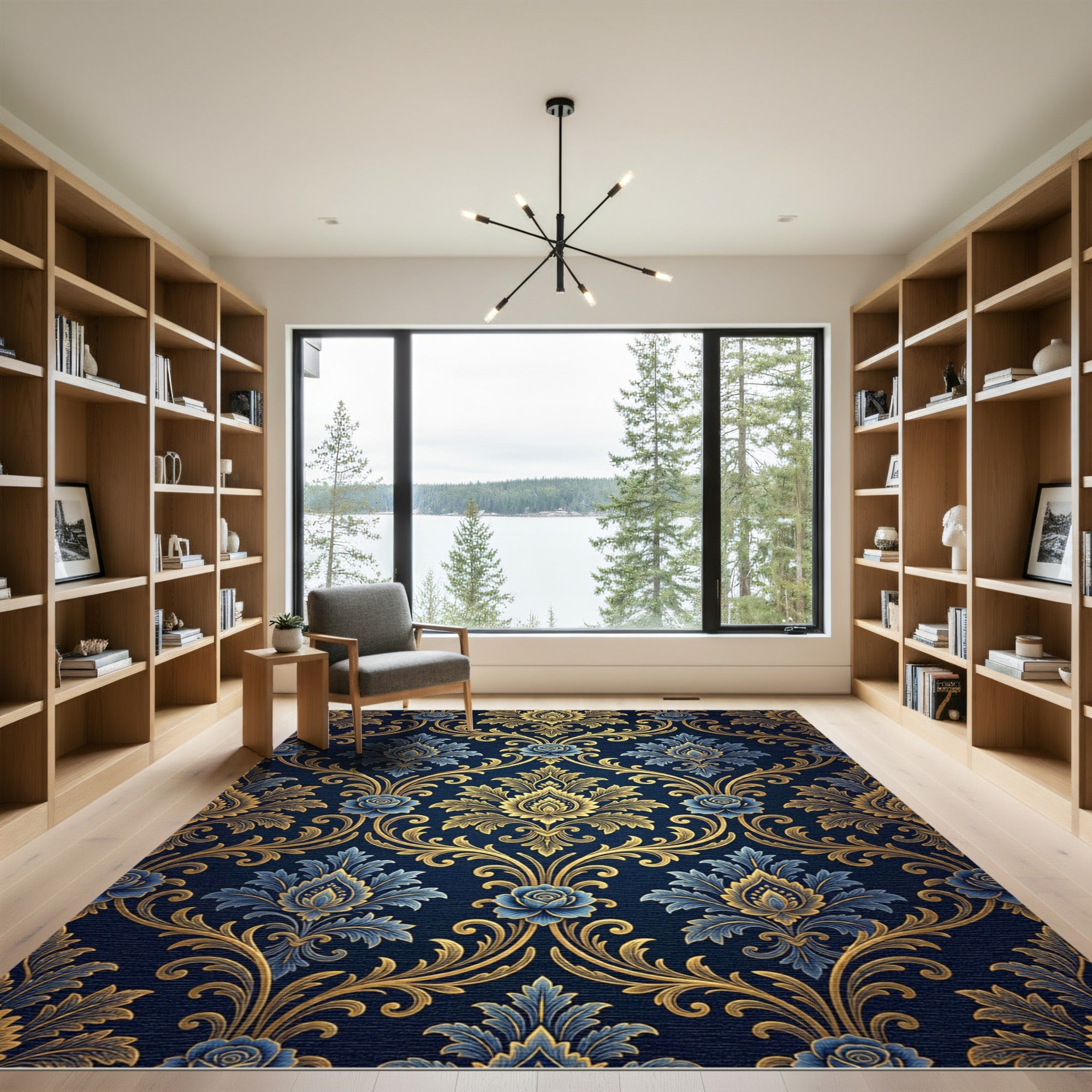 Elegant Midnight Blue Golden Damask Rug