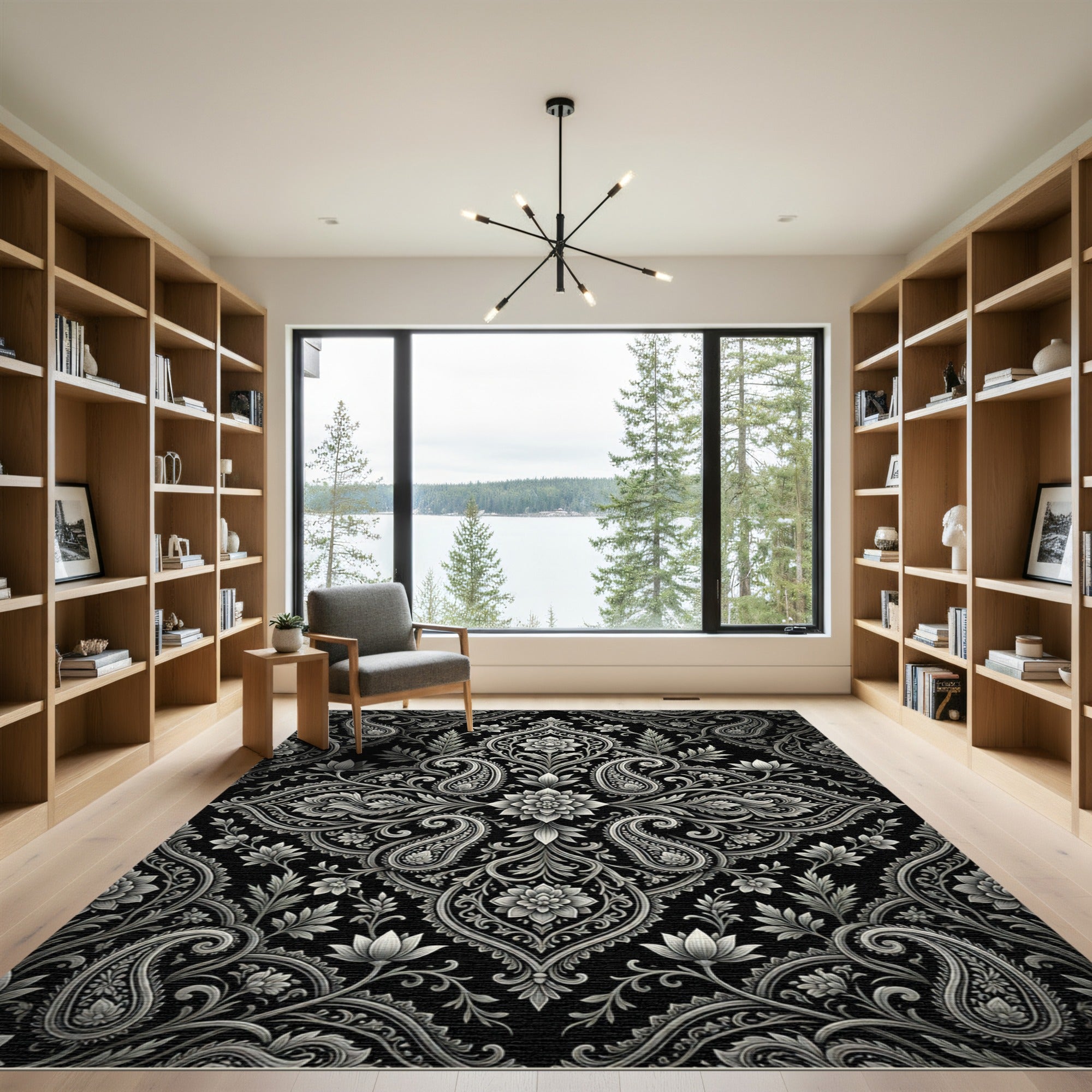 Monochromatic Vintage Paisley Floral Arrangement Rug