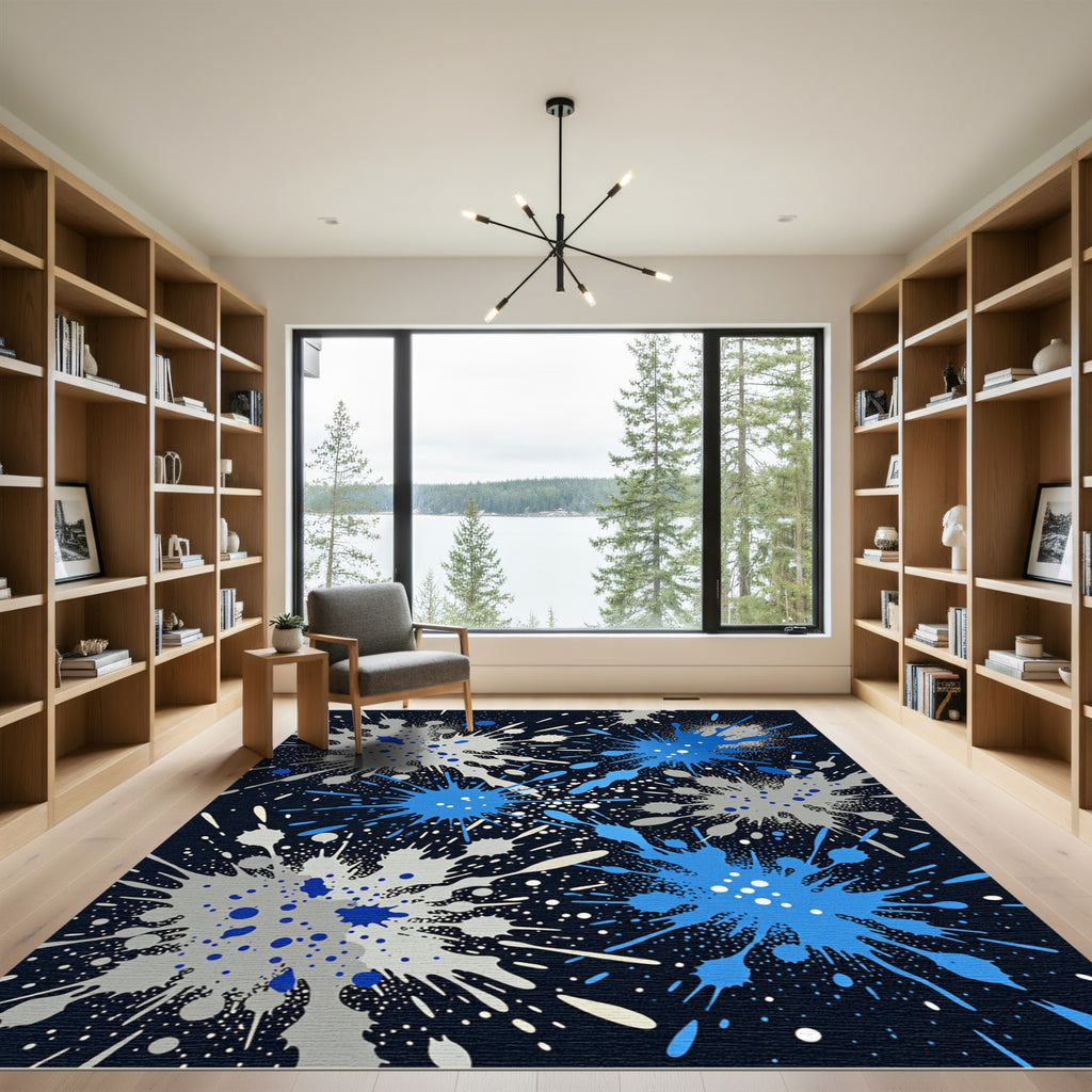 Blue and Silver Abstract Ink Splash Rug
