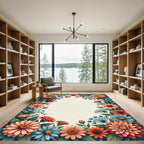 Coral Blue Floral Cluster Frame Rug