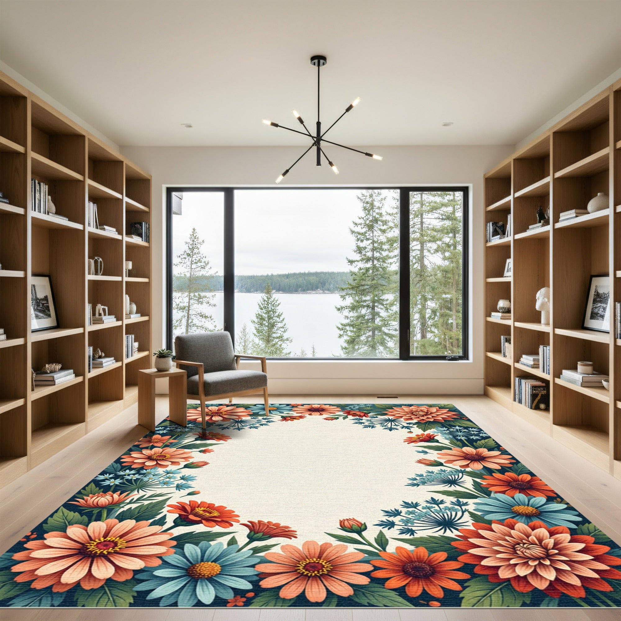 Coral Blue Floral Cluster Frame Rug