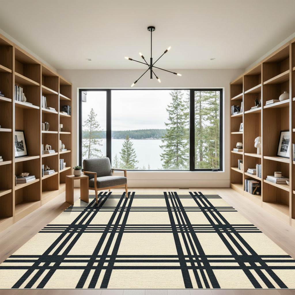 Deep Navy Plaid Geometric Squares Rug