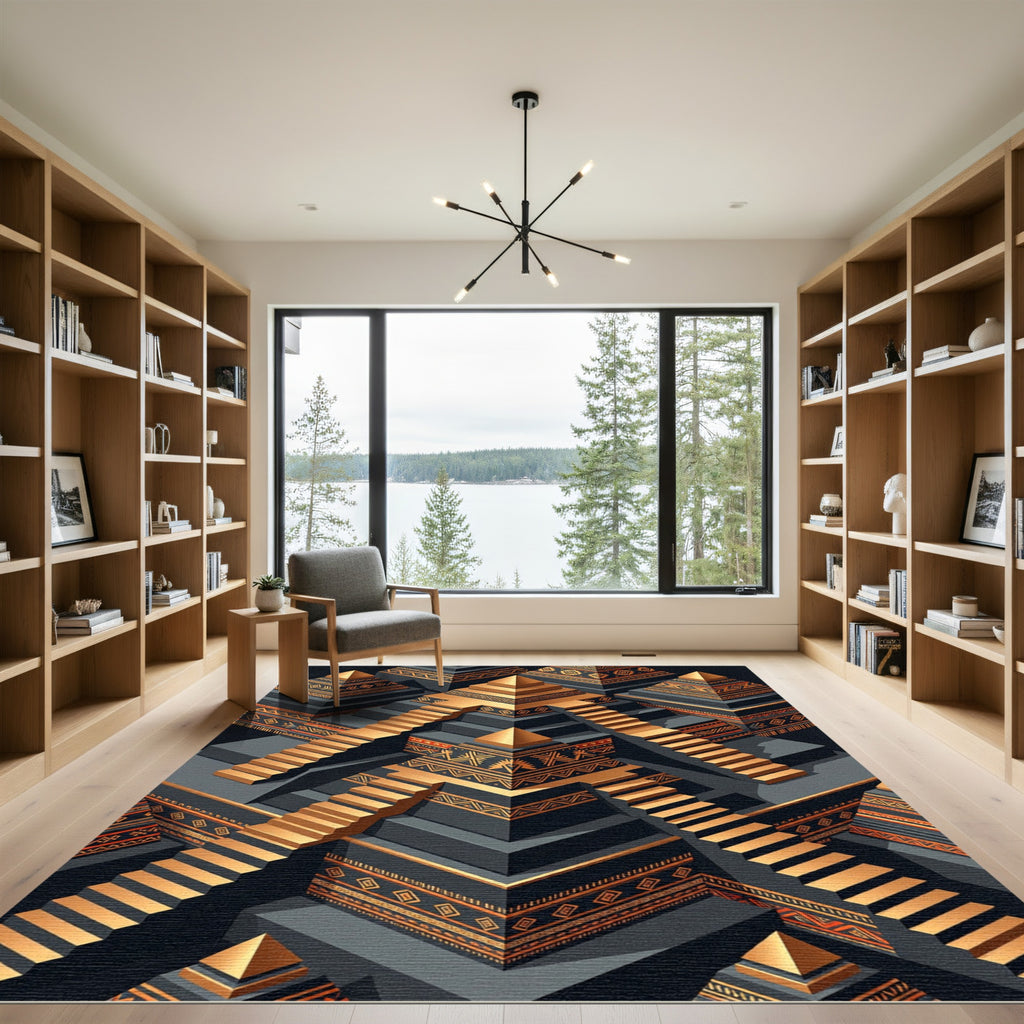 Modern Gold Tribal Step Pyramid Rug