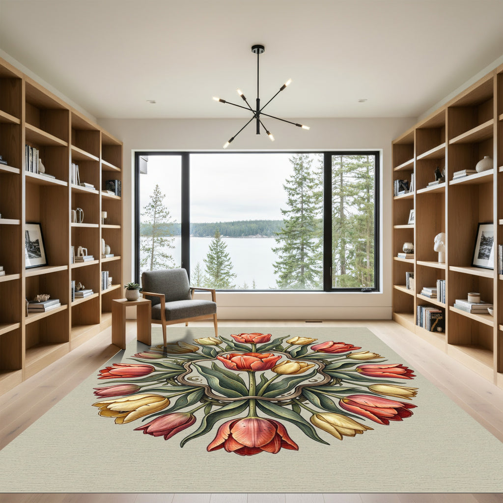 Symmetrical Tulip Floral Wreath Round Rug