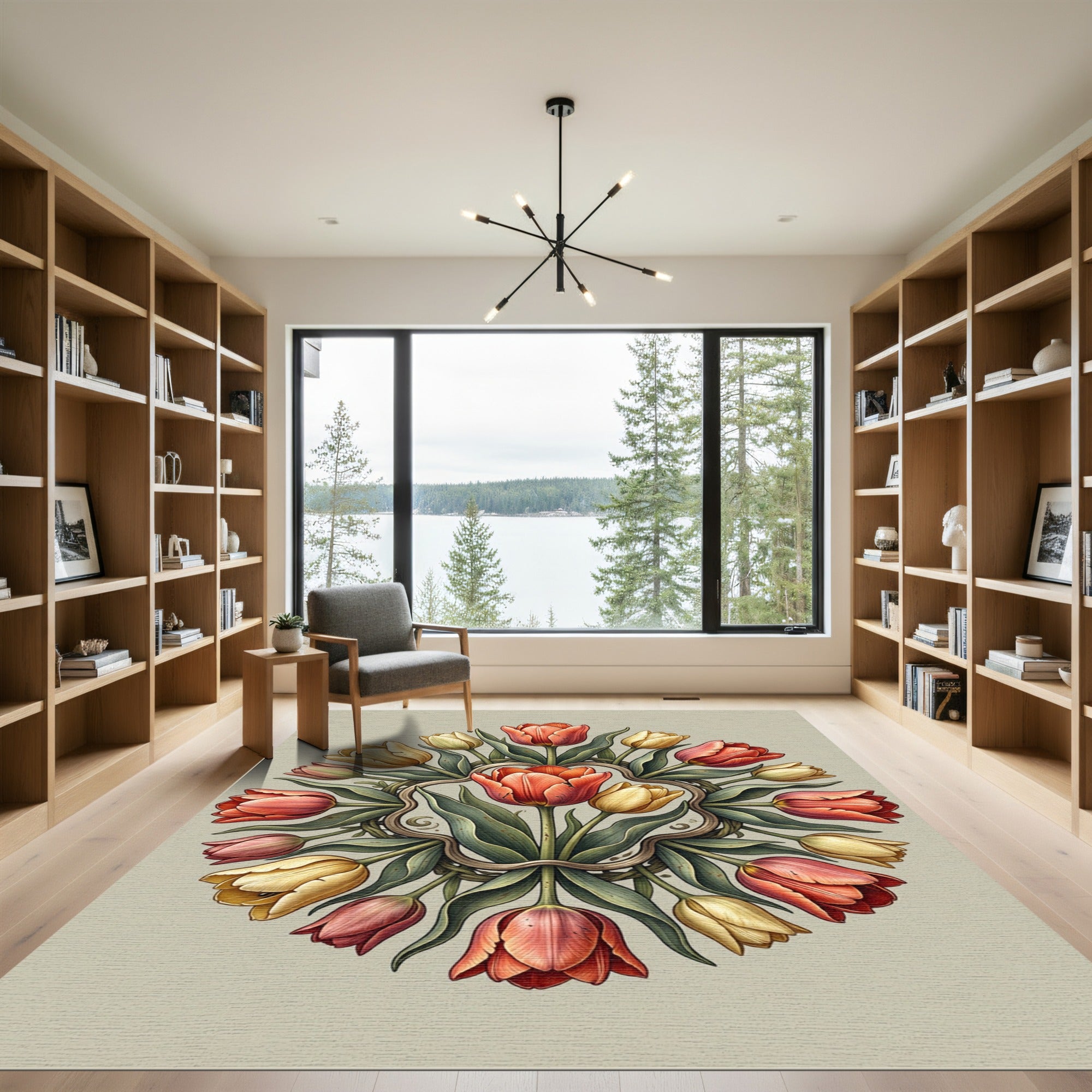 Symmetrical Tulip Floral Wreath Round Rug