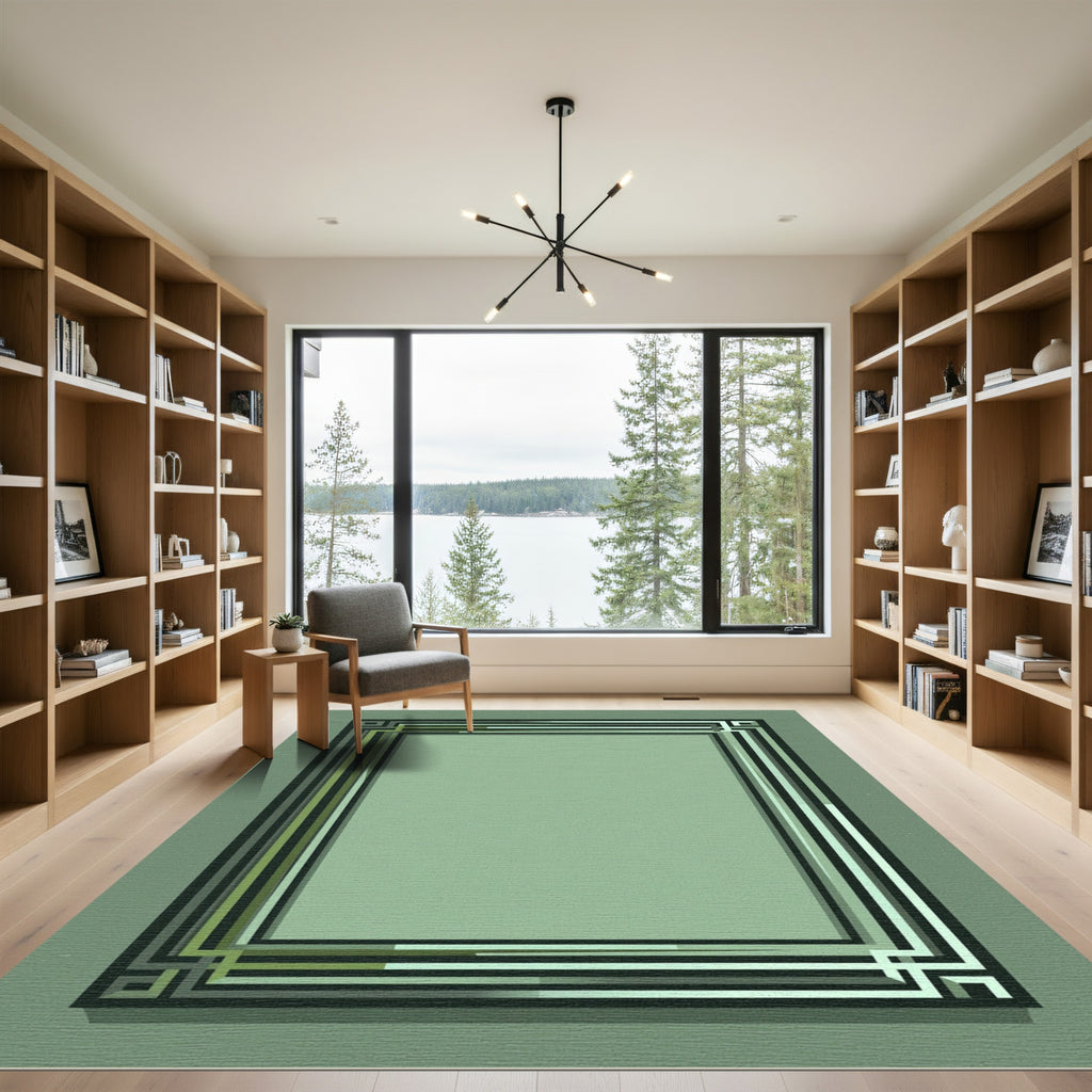 Green Black Geometric Border Rectangular Rug