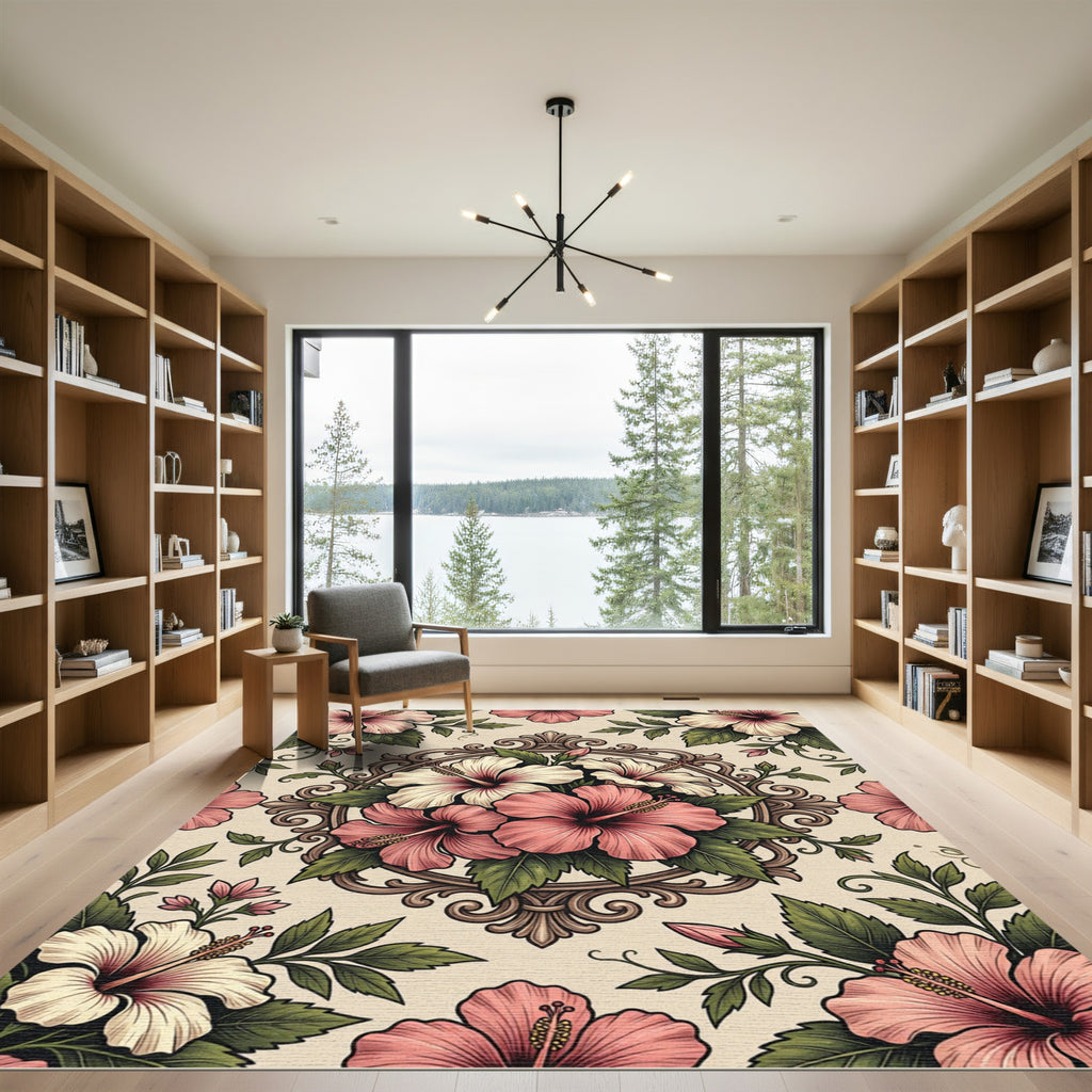 Vintage Pink Hibiscus Medallion Rug
