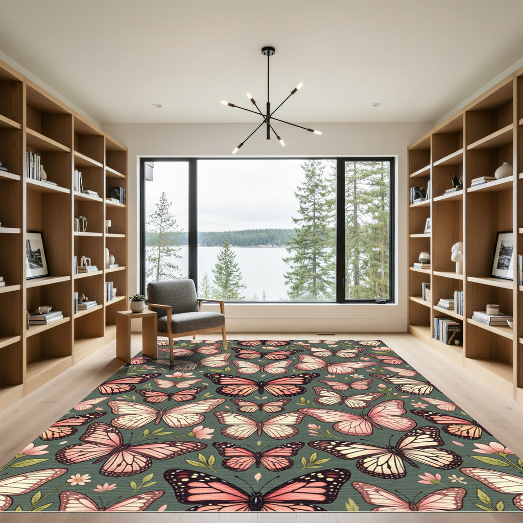 Whimsical Blush Butterfly Woodland Garden Rug