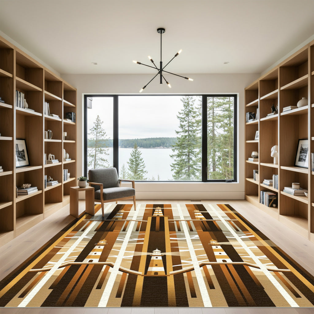 Brown Beige Striped Lighthouse Waterscape Rug