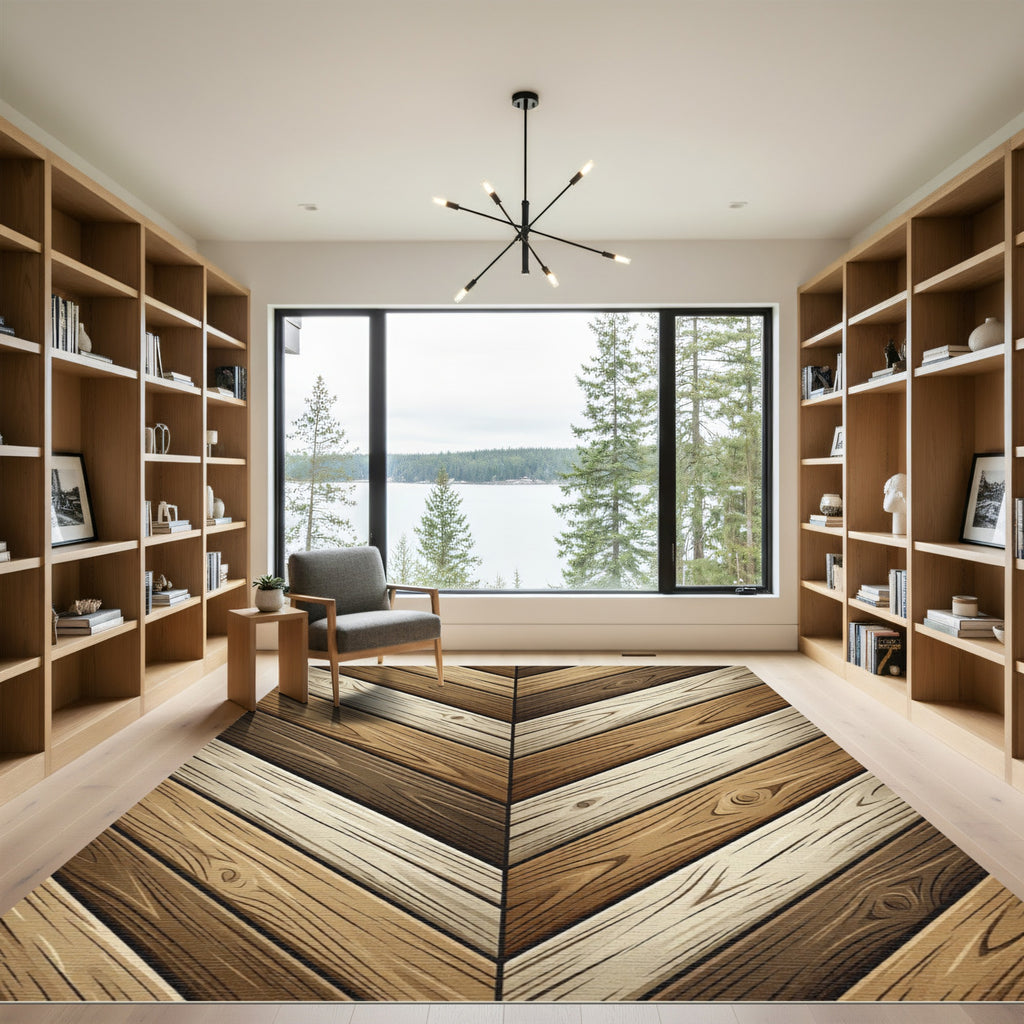 Chevron Earthy Tone Wood Plank Effect Rug