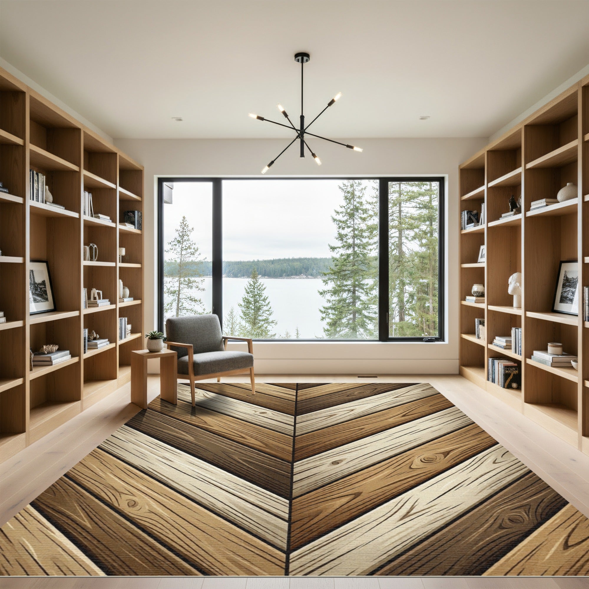 Chevron Earthy Tone Wood Plank Effect Rug