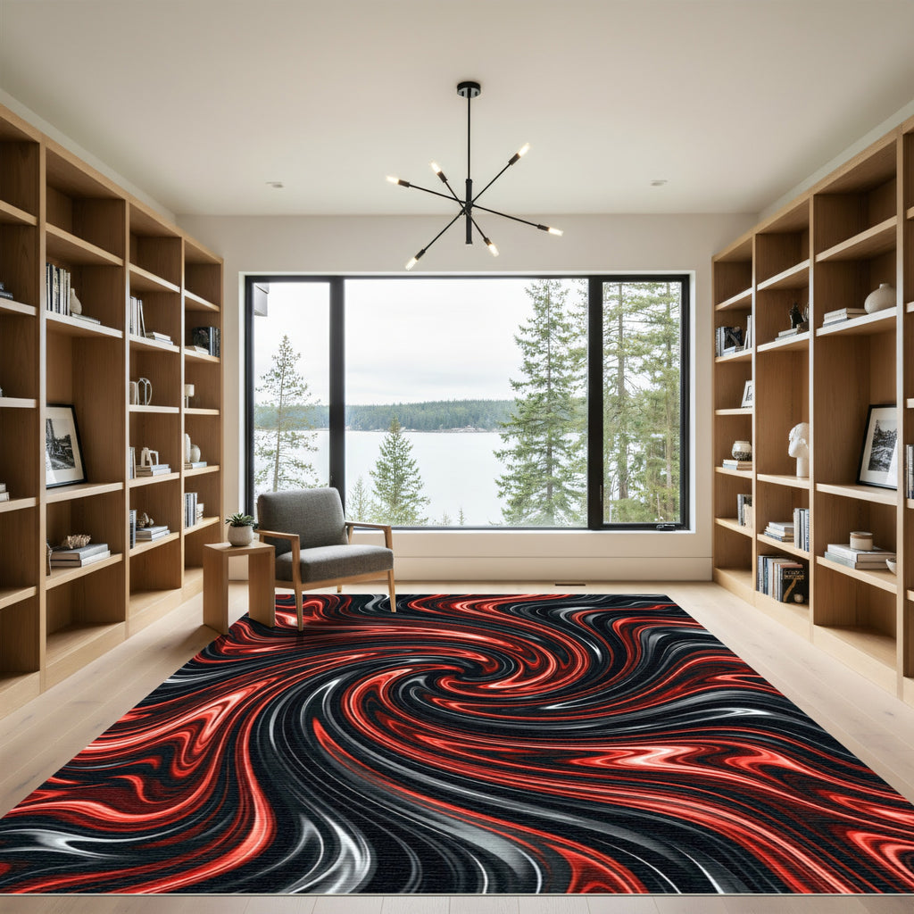 Fiery Red Black Swirl Abstraction Rug