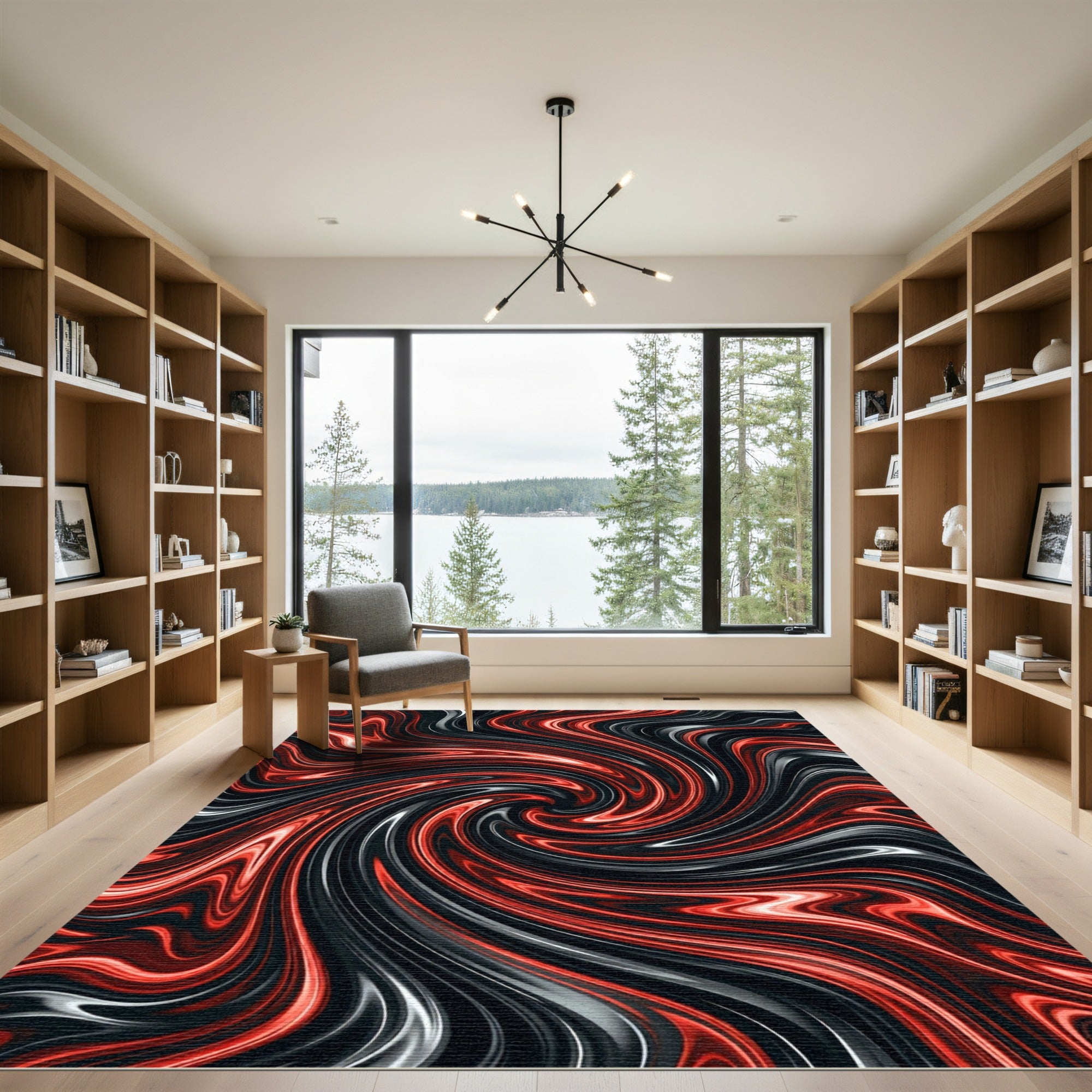 Fiery Red Black Swirl Abstraction Rug
