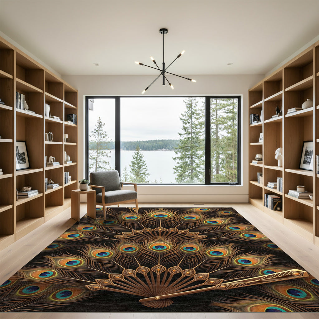 Opulent Gold Peacock Feather Spread Rug