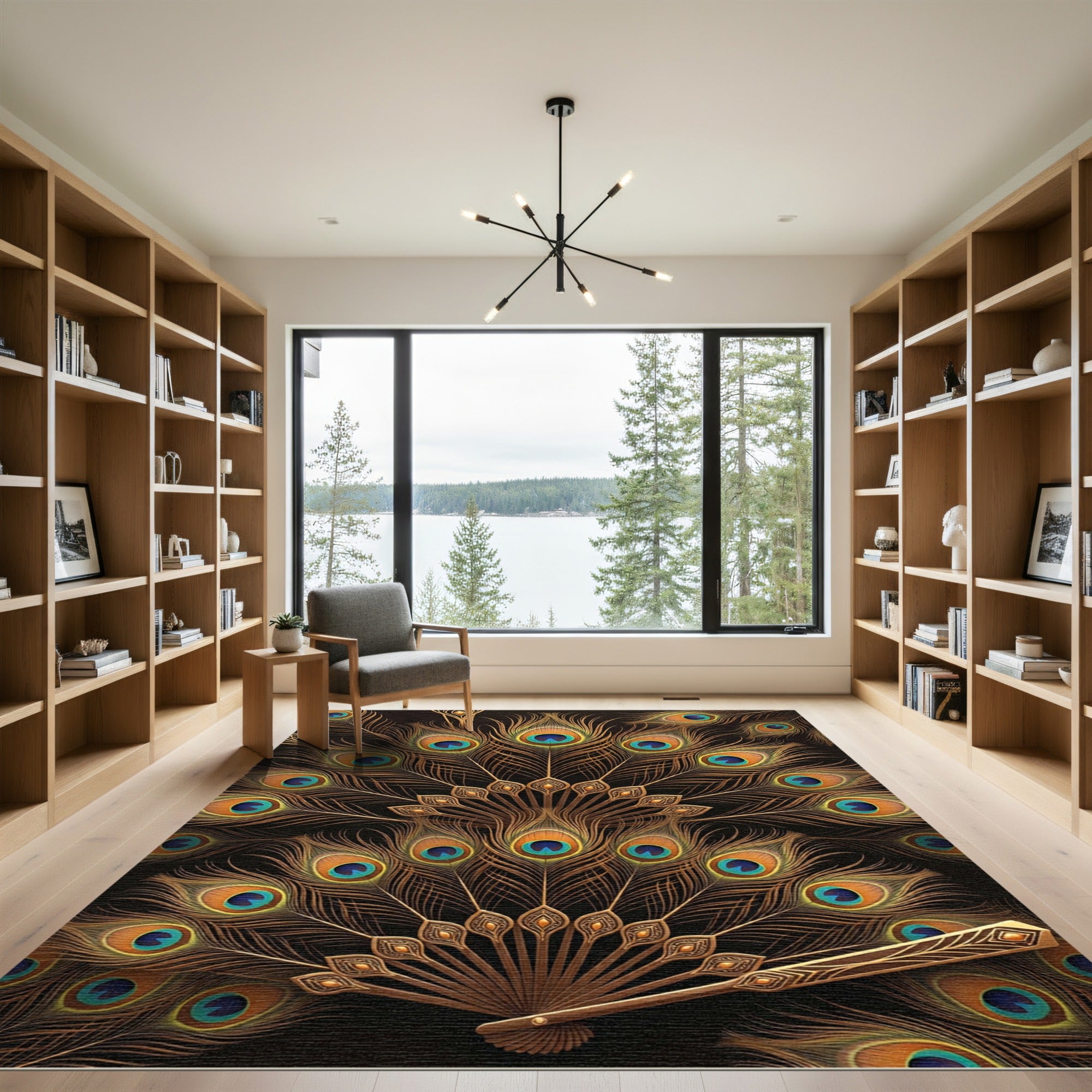 Opulent Gold Peacock Feather Spread Rug