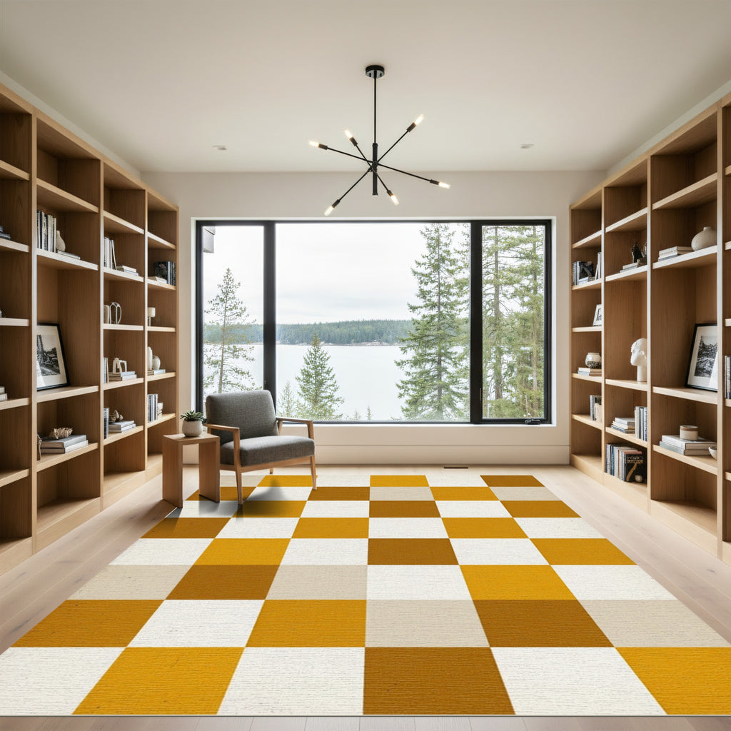 Retro Checkerboard Mustard Gray Squares Rug