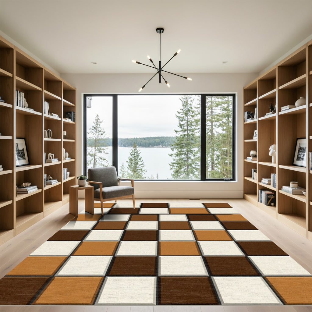 Modern Brown Cream Grid Rug