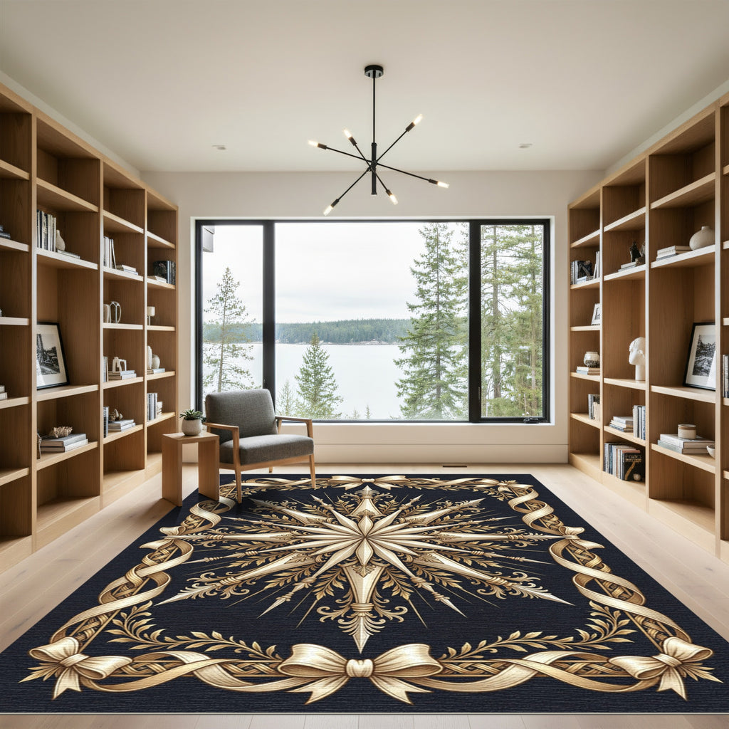 Ornate Gold Starburst Ribbon Frame Rug