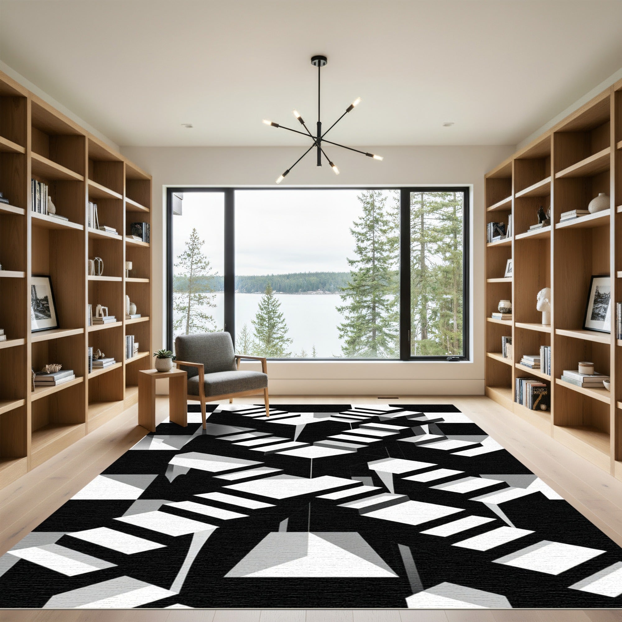 Geometric Monochrome Optical Illusion Staircase Rug