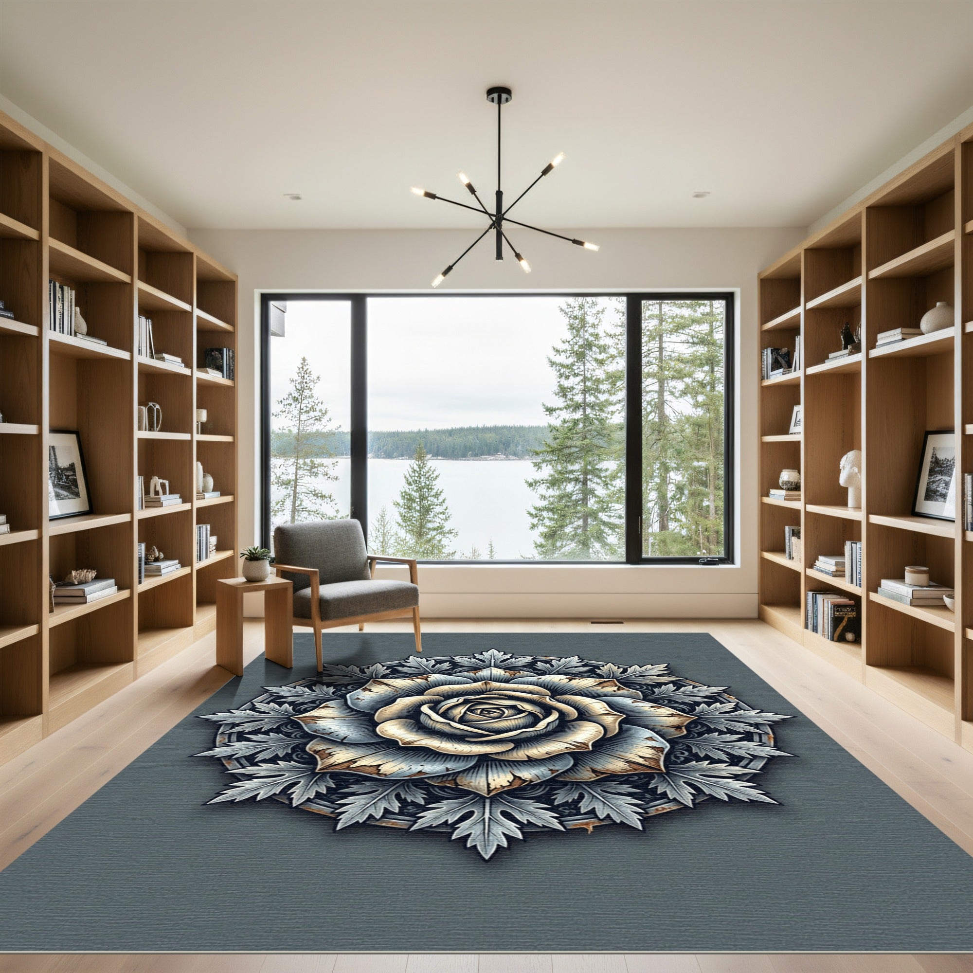 Antique Gray Rose Floral Medallion Rug