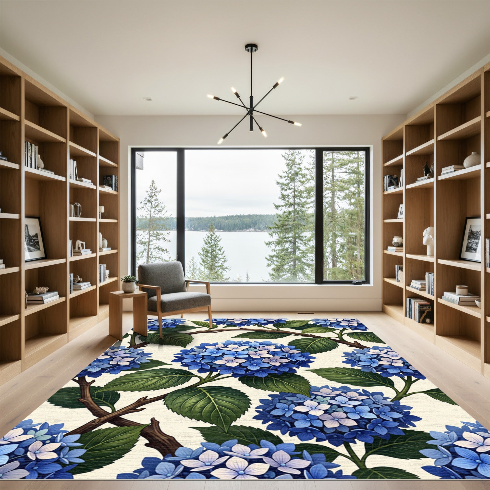 Blue Hydrangea Botanical Branch Trellis Rug