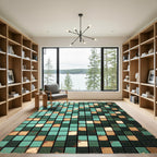 Aqua Tan Distressed Tile Grid Rug
