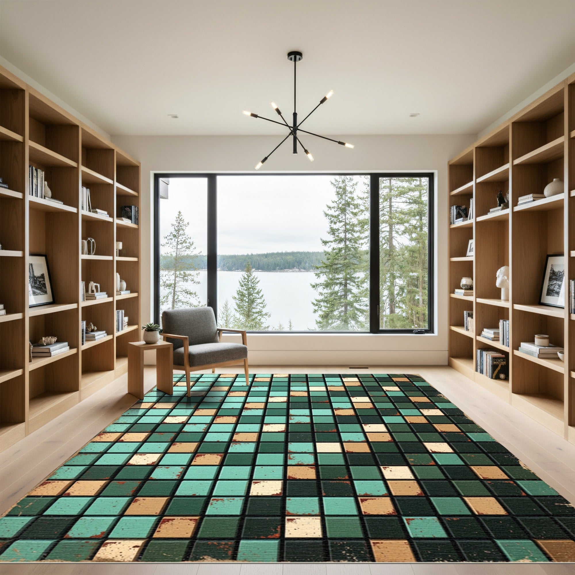 Aqua Tan Distressed Tile Grid Rug