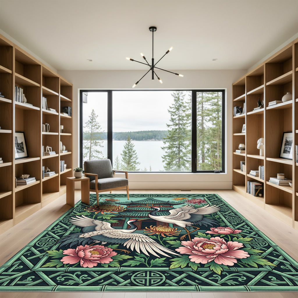 Elegant Crane and Chrysanthemum Pagoda Art Rug