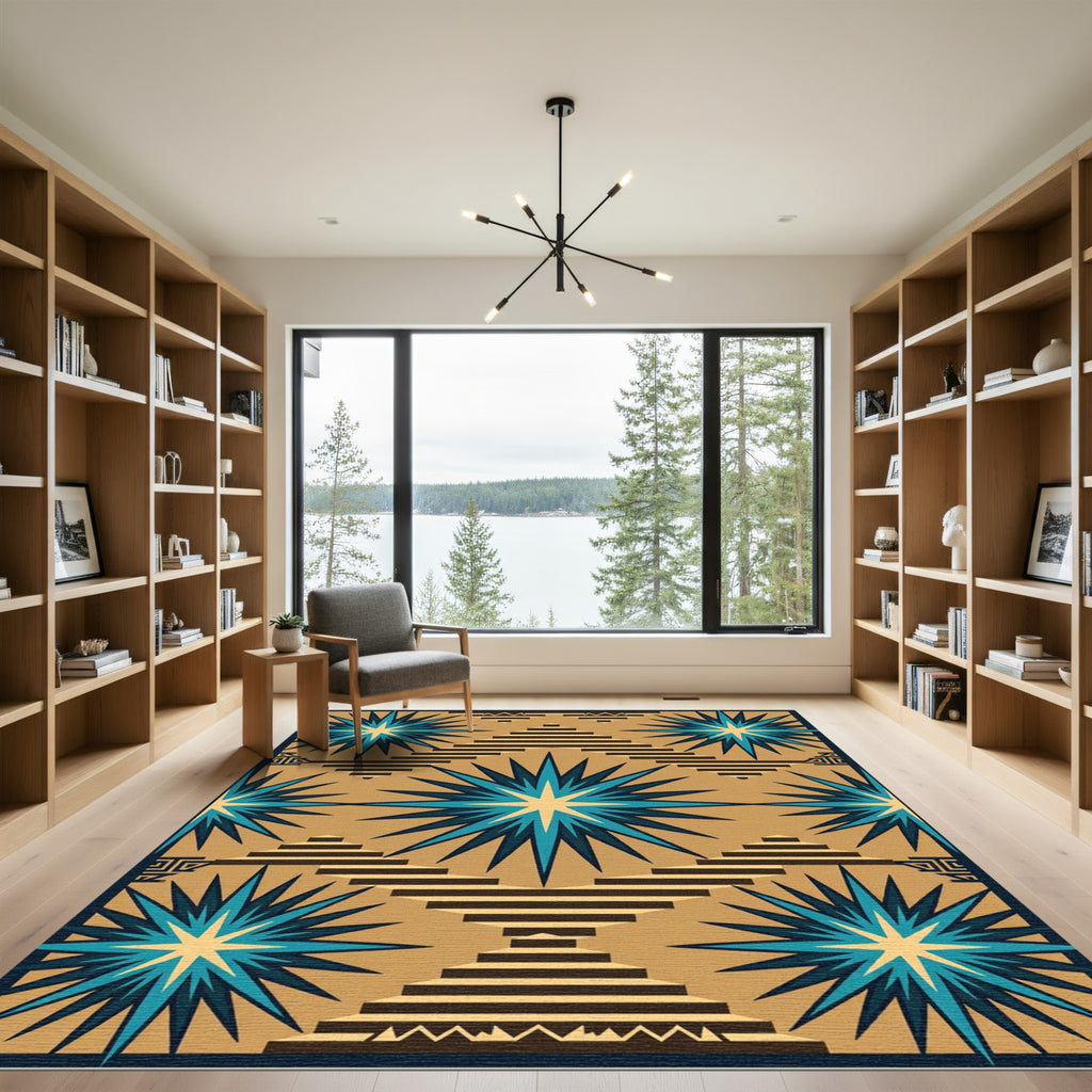 Bold Turquoise Starburst Terrace Pattern Rug