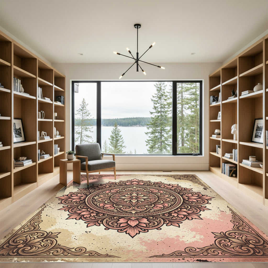 Vintage Peach Floral Mandala Art Rug