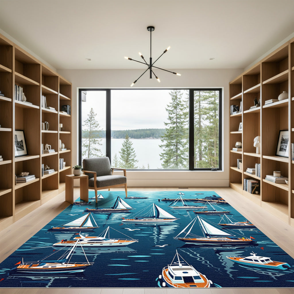 Nautical Sailboat Harbor Marina Scene Rug