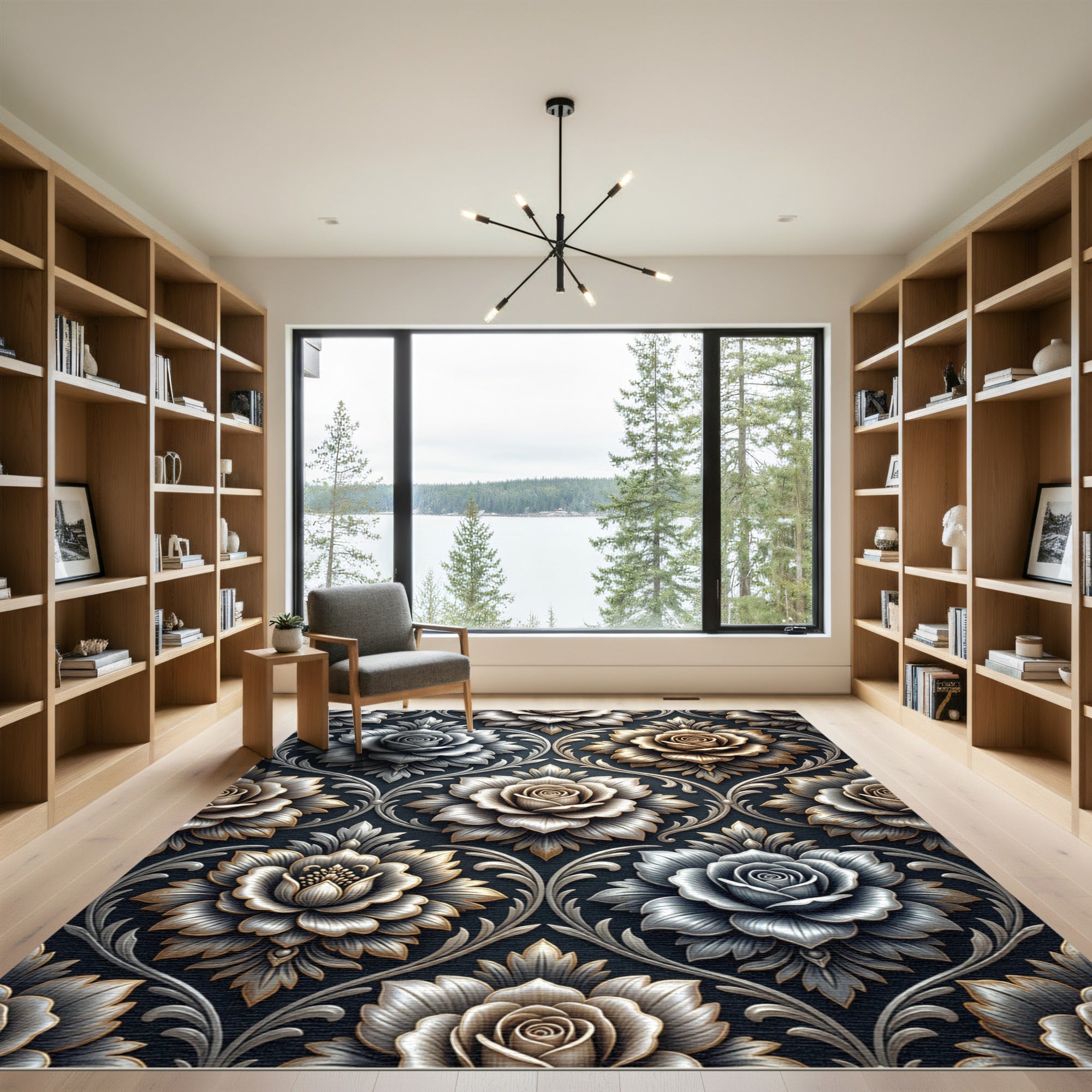 Metallic Silver and Gold Rose Damask Rug