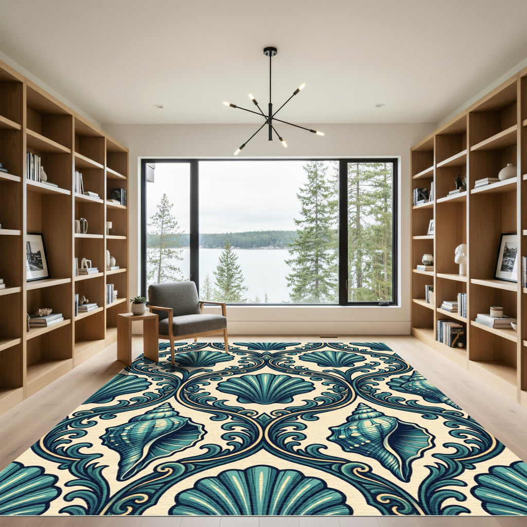 Coastal Teal Seashell Damask Rug