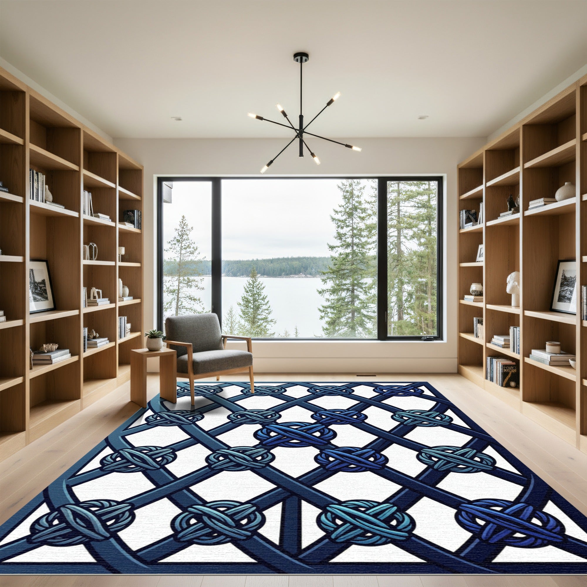 Navy Blue Interwoven Knot Lattice Rug