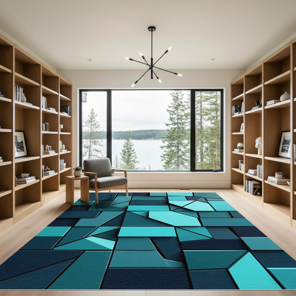 Modern Teal Geometric Abstract Block Rug