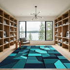 Modern Teal Geometric Abstract Block Rug