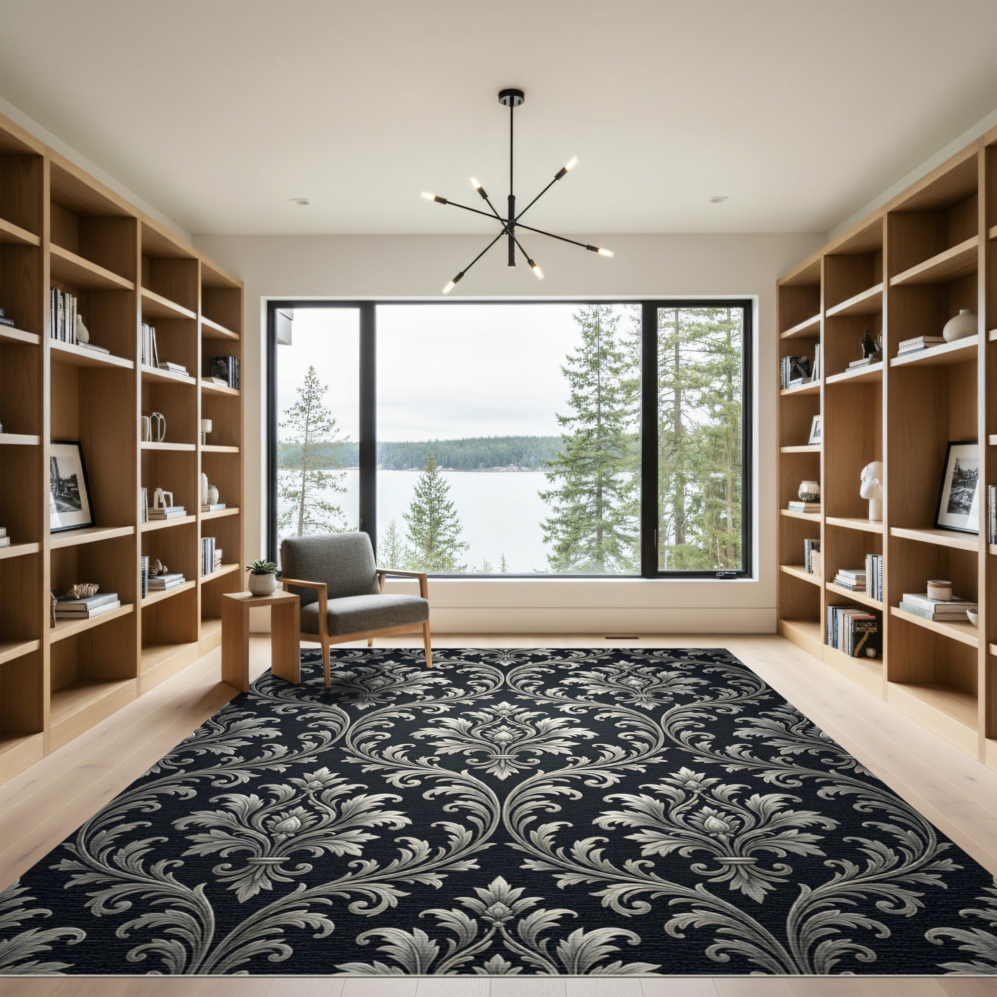 Classic Silver Damask Scroll Rug