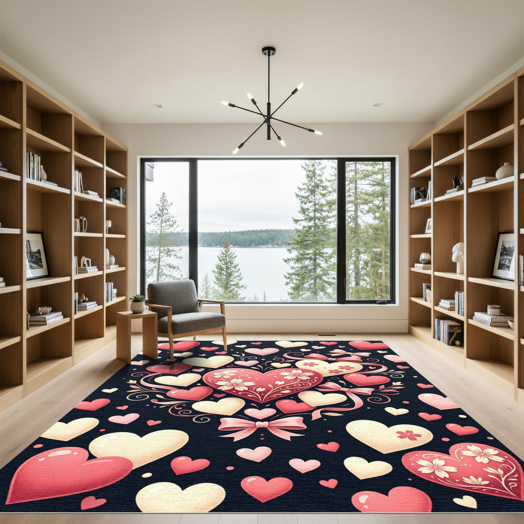 Pink Cream Heart Floral Bow Rug