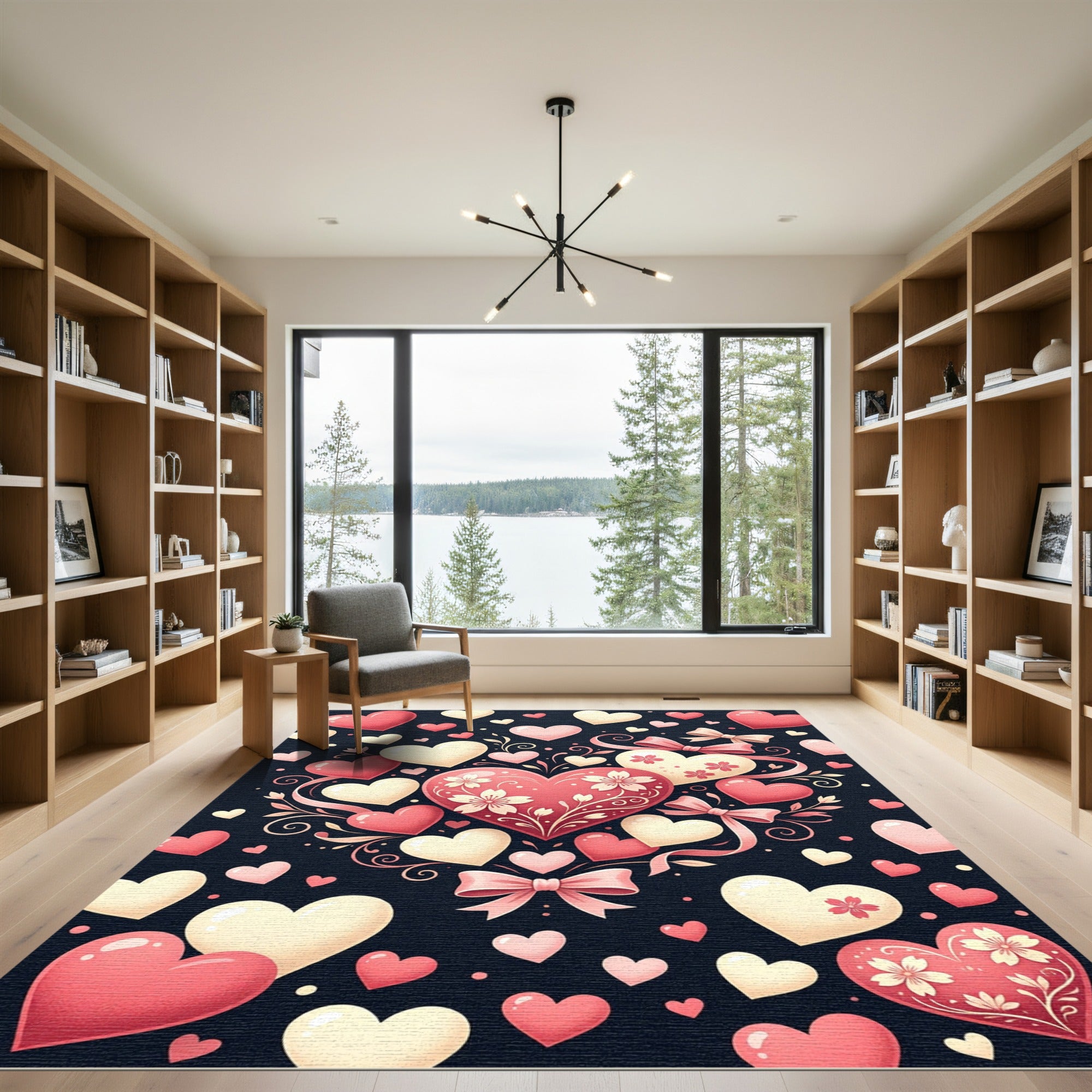 Pink Cream Heart Floral Bow Rug