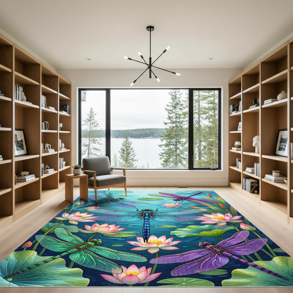 Vibrant Dragonfly Lotus Pond Scene Rug