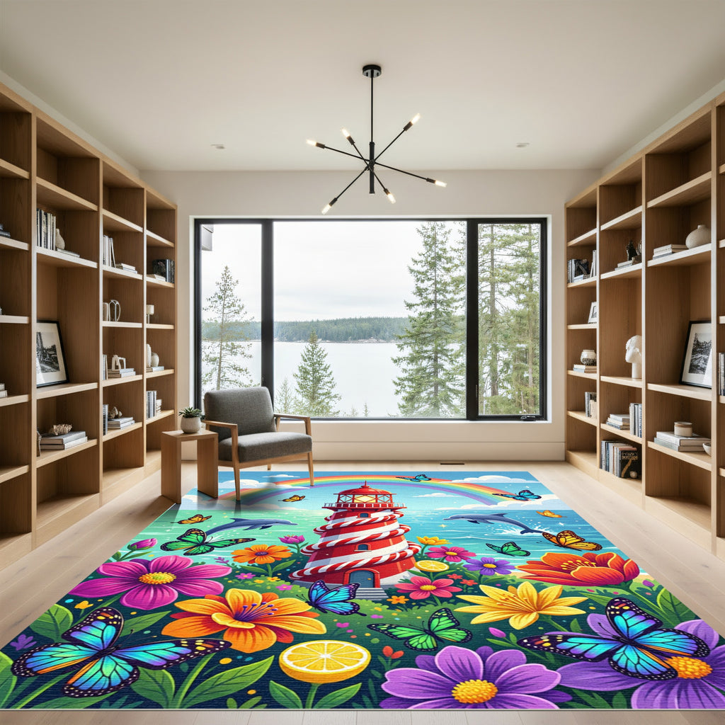 Lighthouse Rainbow Dolphin Butterfly Garden Rug